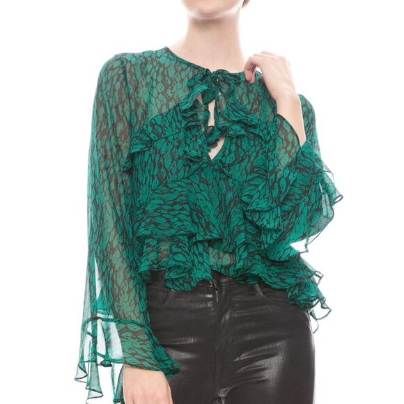 Misa Los Angeles Demaris green ruffled tie neck blouse M - Picture 2 of 10